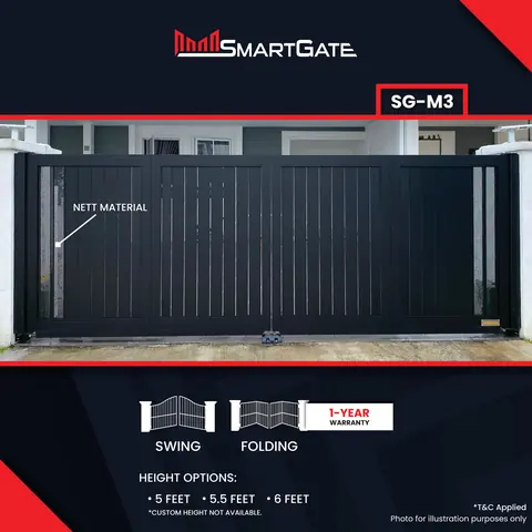 SmartGate SG-M3, black aluminium gate with mesh side panels