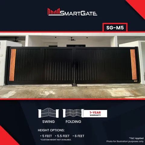 SmartGate SG-M5, black aluminium gate with wood-look end strips
