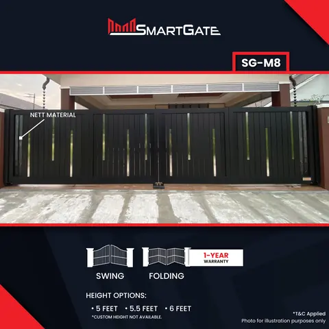 SmartGate SG-M8, black aluminium gate with stainless strips and mesh